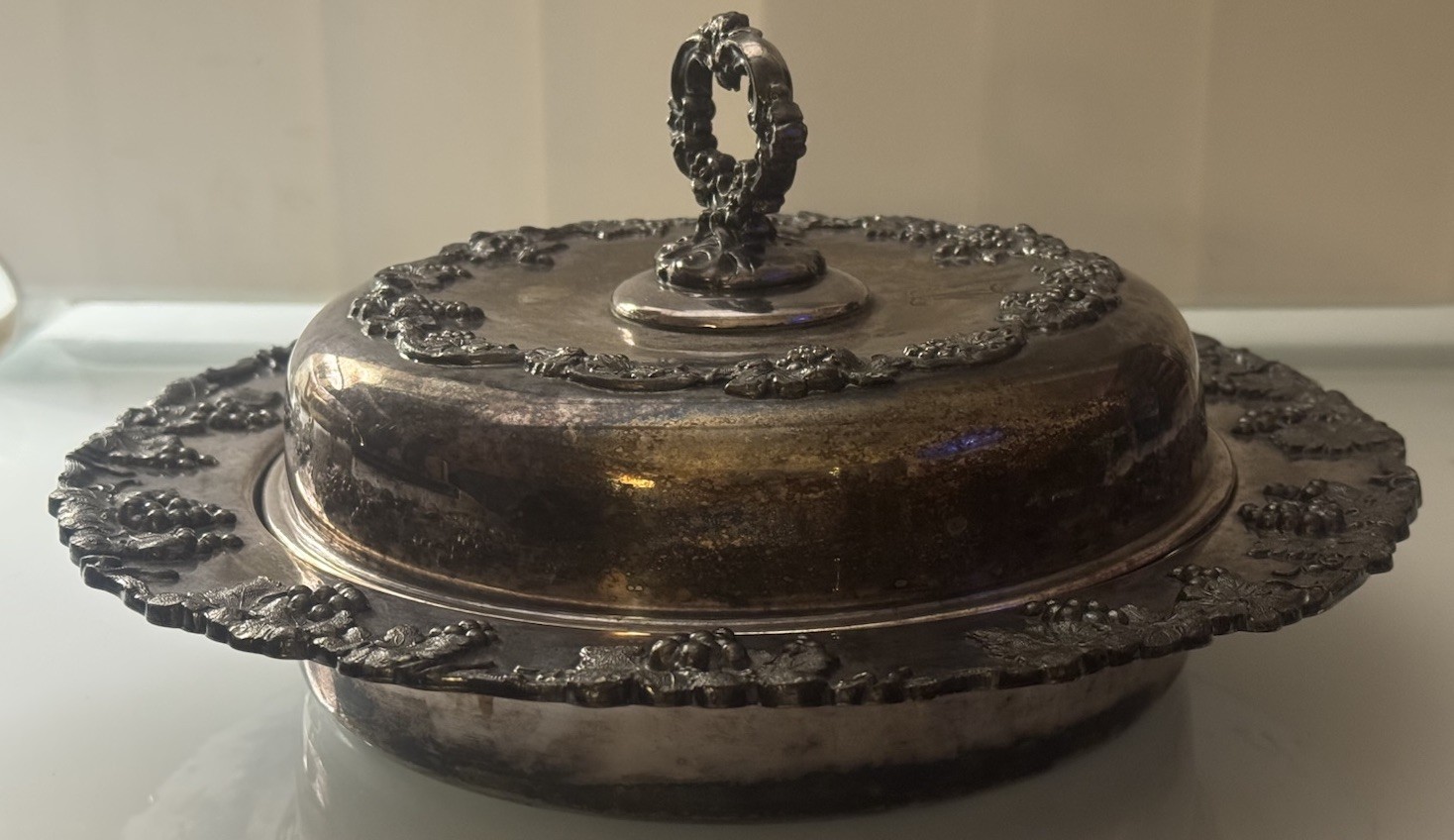 Antique Sheffield Silverplate Grape‐Leaf Covered Dish Lidded 11 in