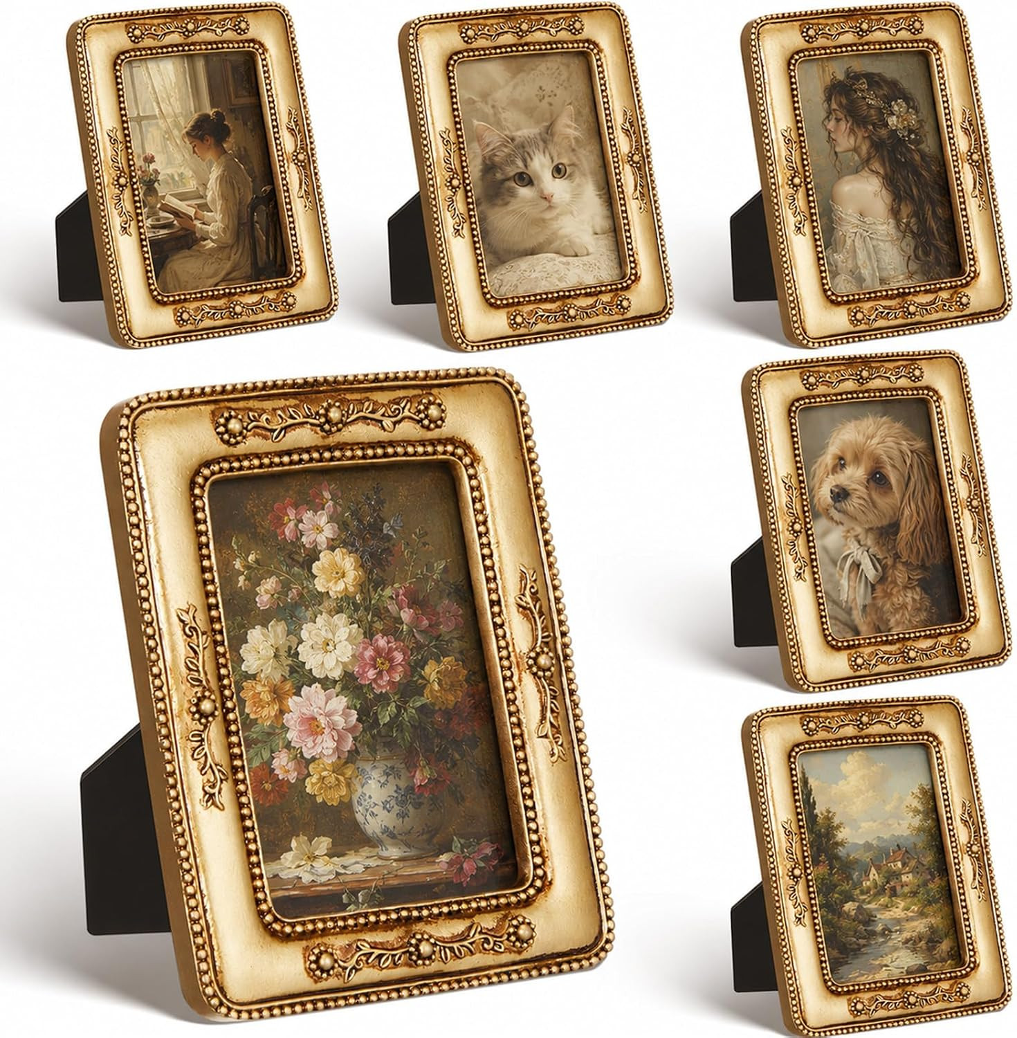 6 Pcs Vintage Picture Frames 2.5X3.5 Wallet Size, Small Ornate Picture