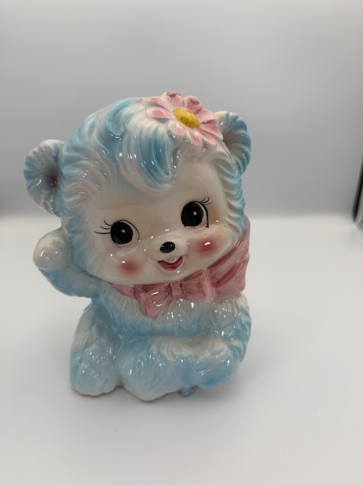 Vintage Rubens Originals Blue Lamb Ceramic Planter Japan Pink Bow Flower