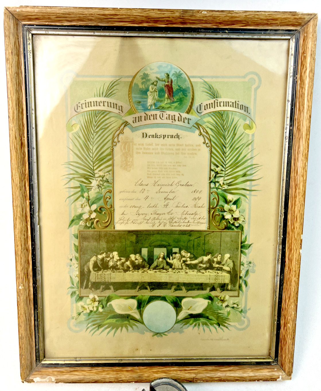 Antique 1909 Framed Lutheran German Confirmation Certificate