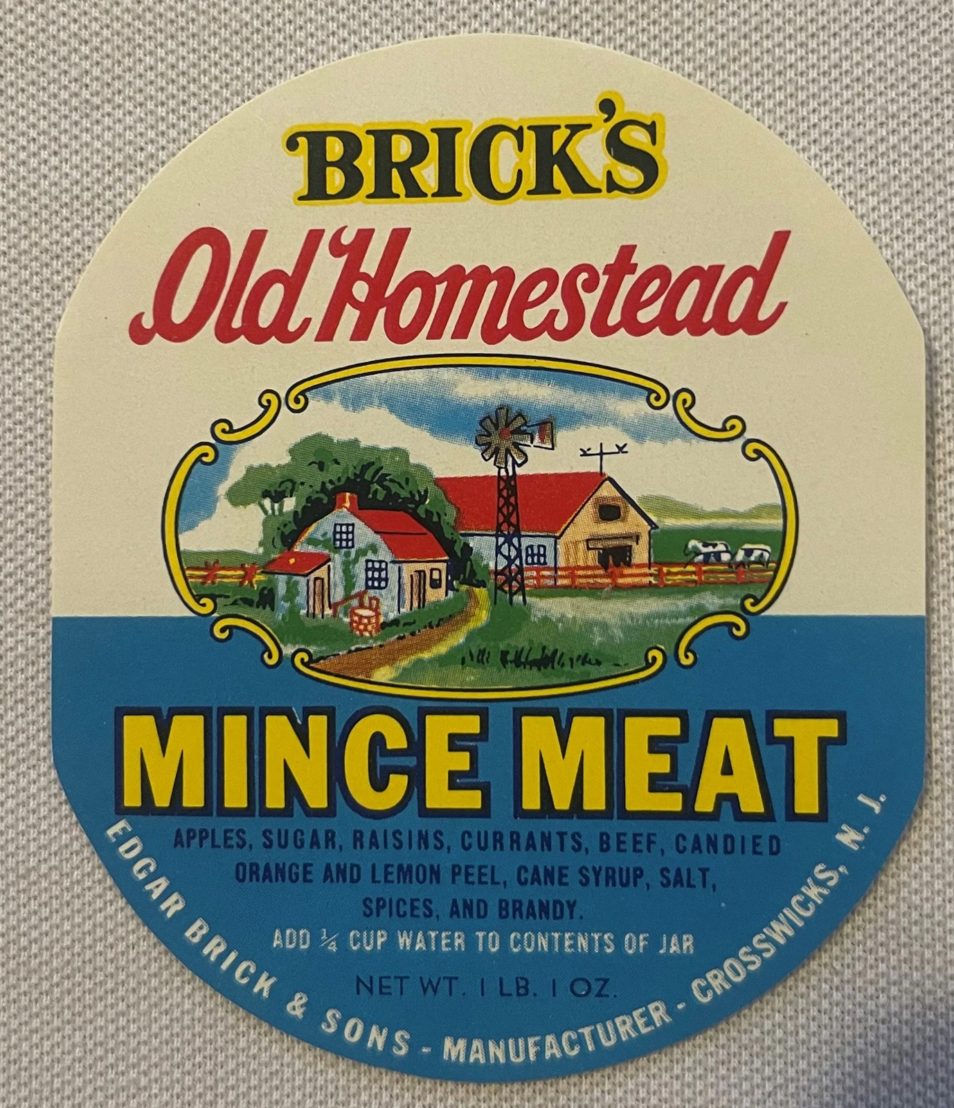 Antique 1910s-30s Old Homestead Mince Meat Label 🥧 Brick\'s NJ Farm Decor