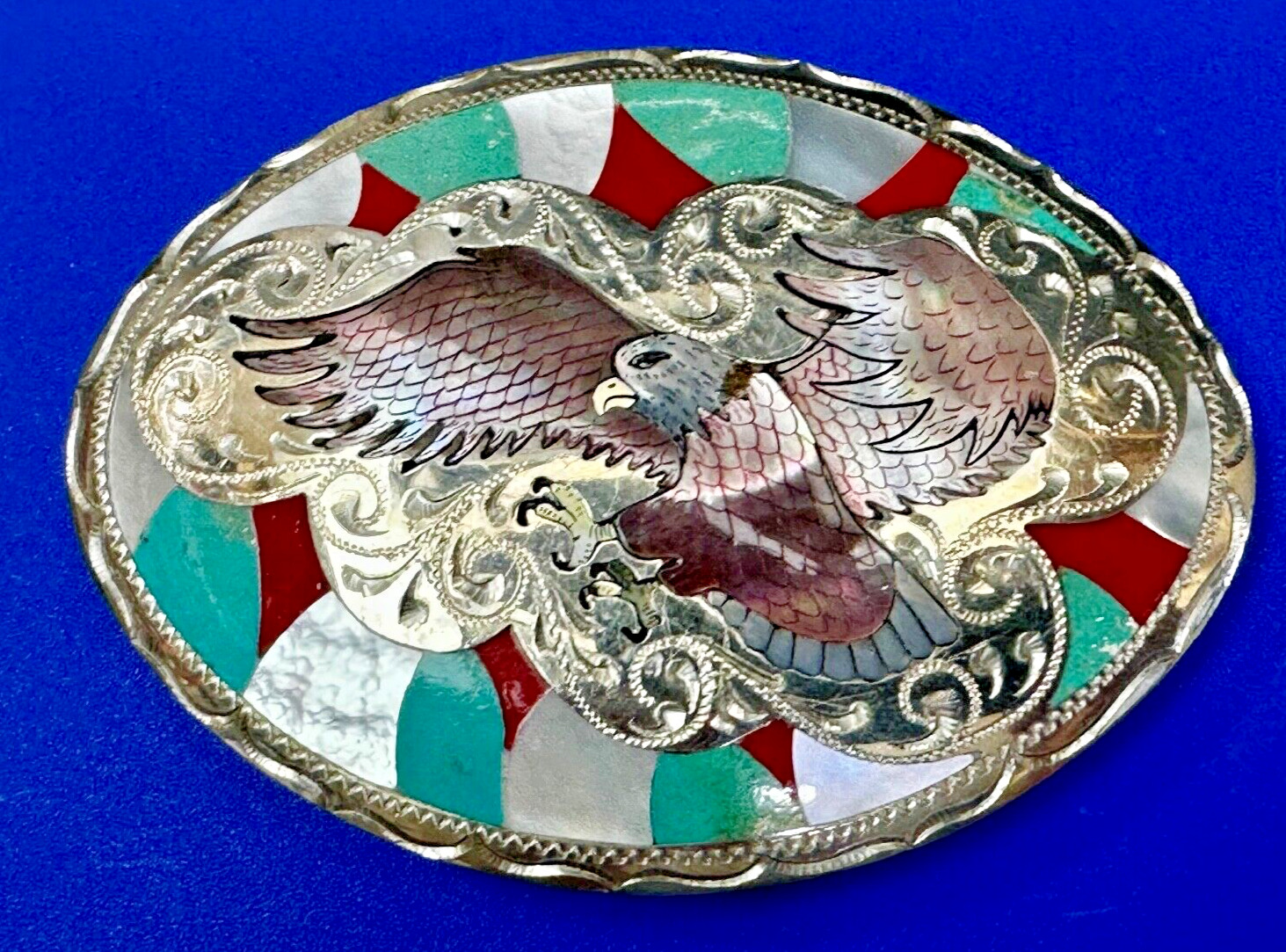 Gorgeous Native American Hallmarked EAGLE - shell / nickel silver Belt Buckle