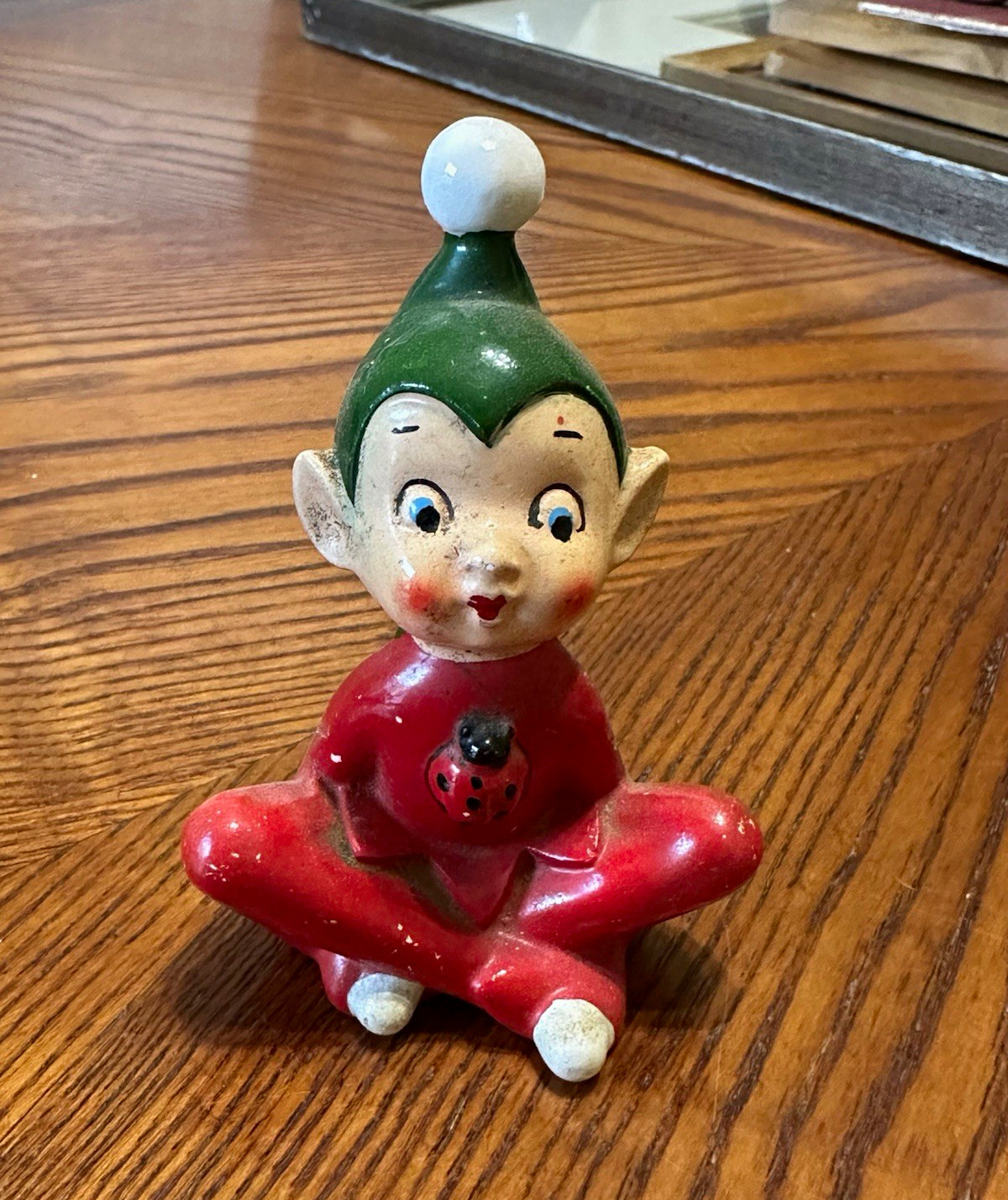 Vintage Ceramic Pixie Elf Figurine Red Green Ladybug Mid Century Japan Style Vintage Ceramic Pixie Elf Figurine Red Green Ladybug Mid Century Japan Style