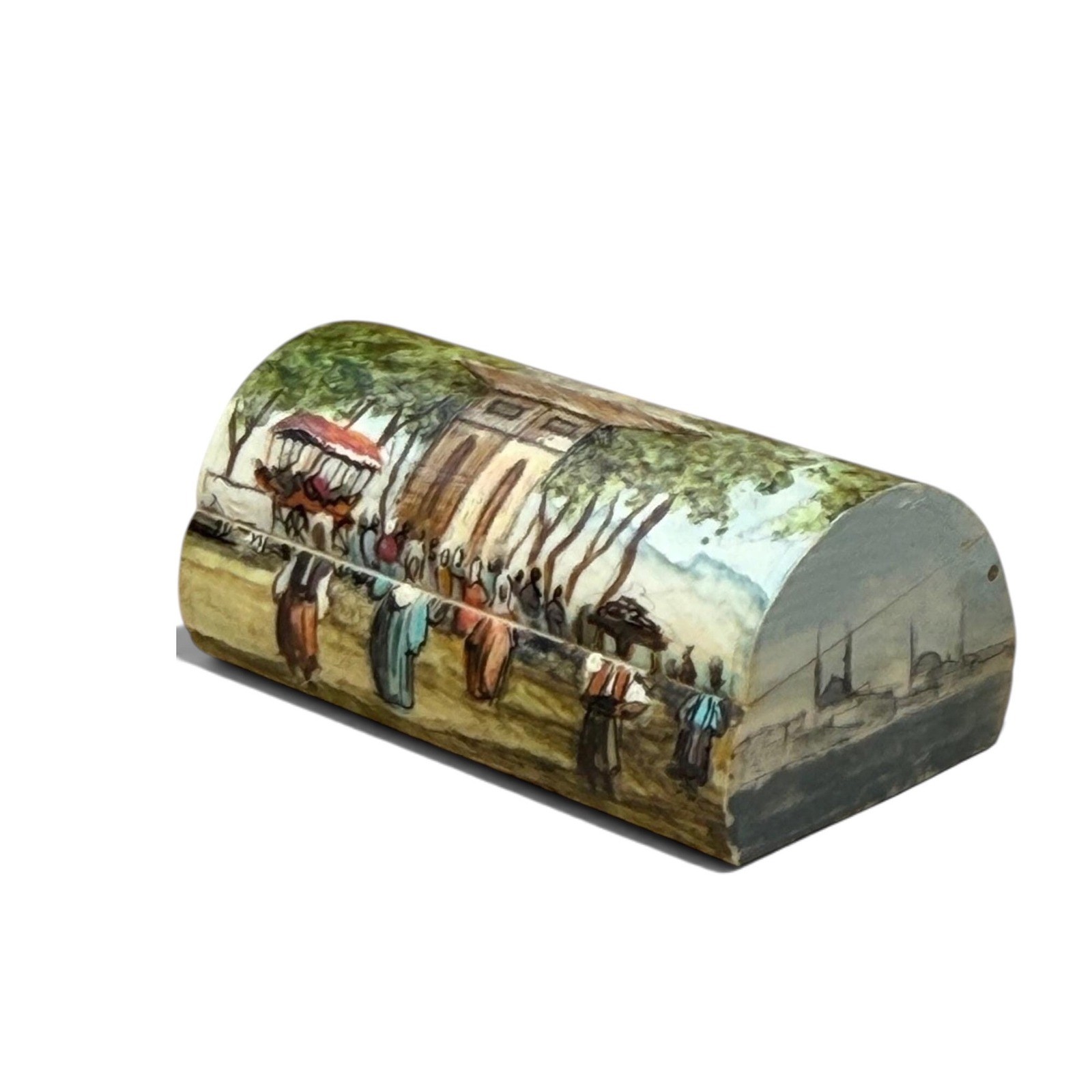 Vintage Turkish Trinket Box Hand Painted Camel Bone Istanbul Mosque Scene Small