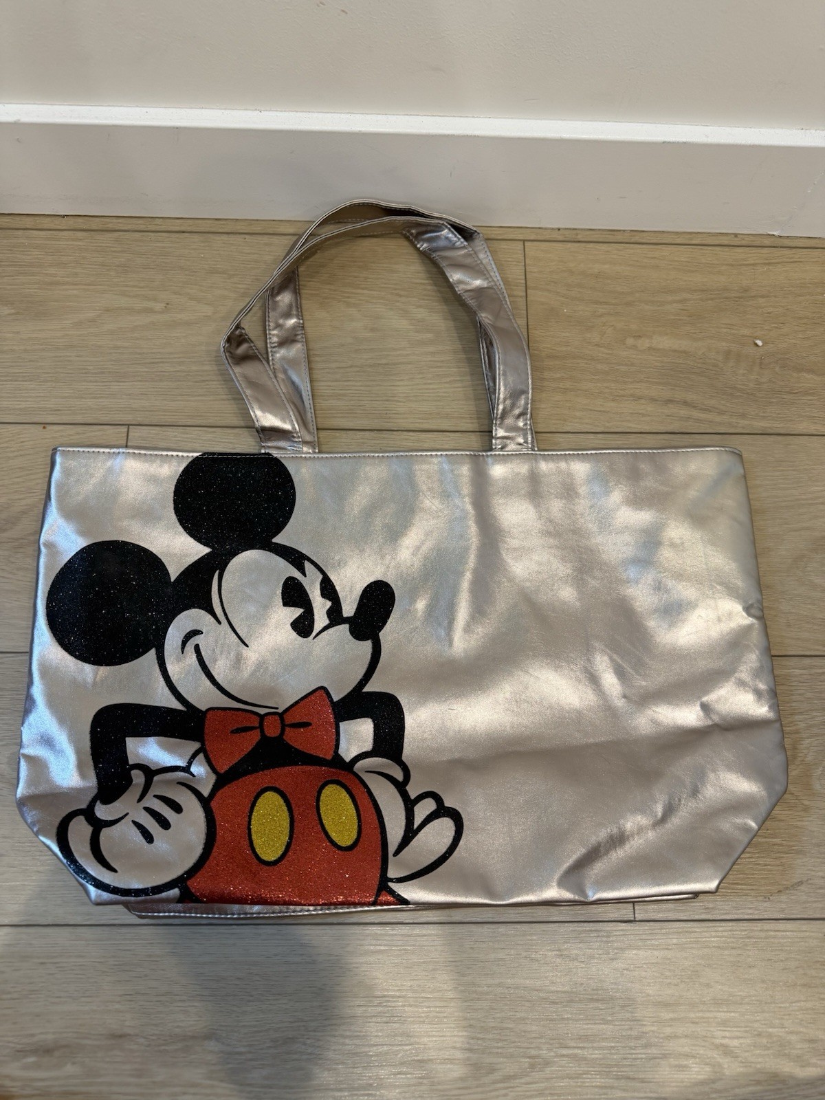 Disney Parks Metallic Silver Mickey Mouse Tote Bag Faux leather Flat base