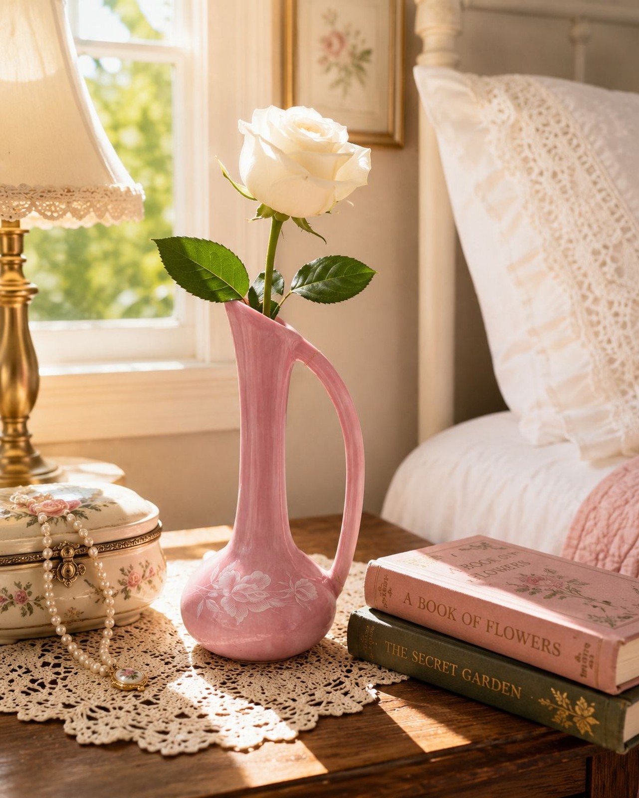 Vintage Pink Ewer Style Bud Vase | Ceramic Pitcher | White Roses | Cottagecore
