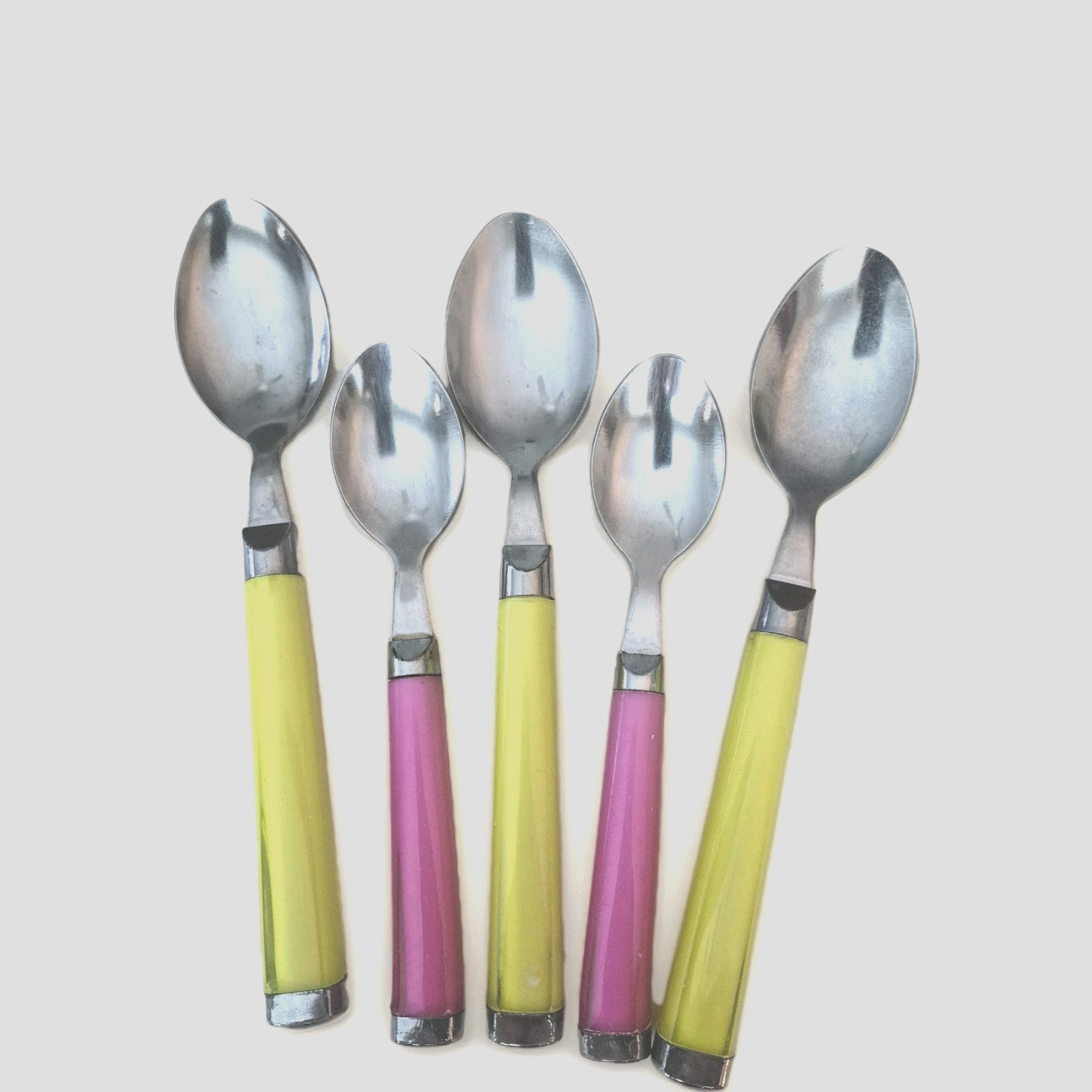 VTG MCM 5 Dessert Spoons Stainless Steel Heads Colorful Handles 1960'S Art Deco 