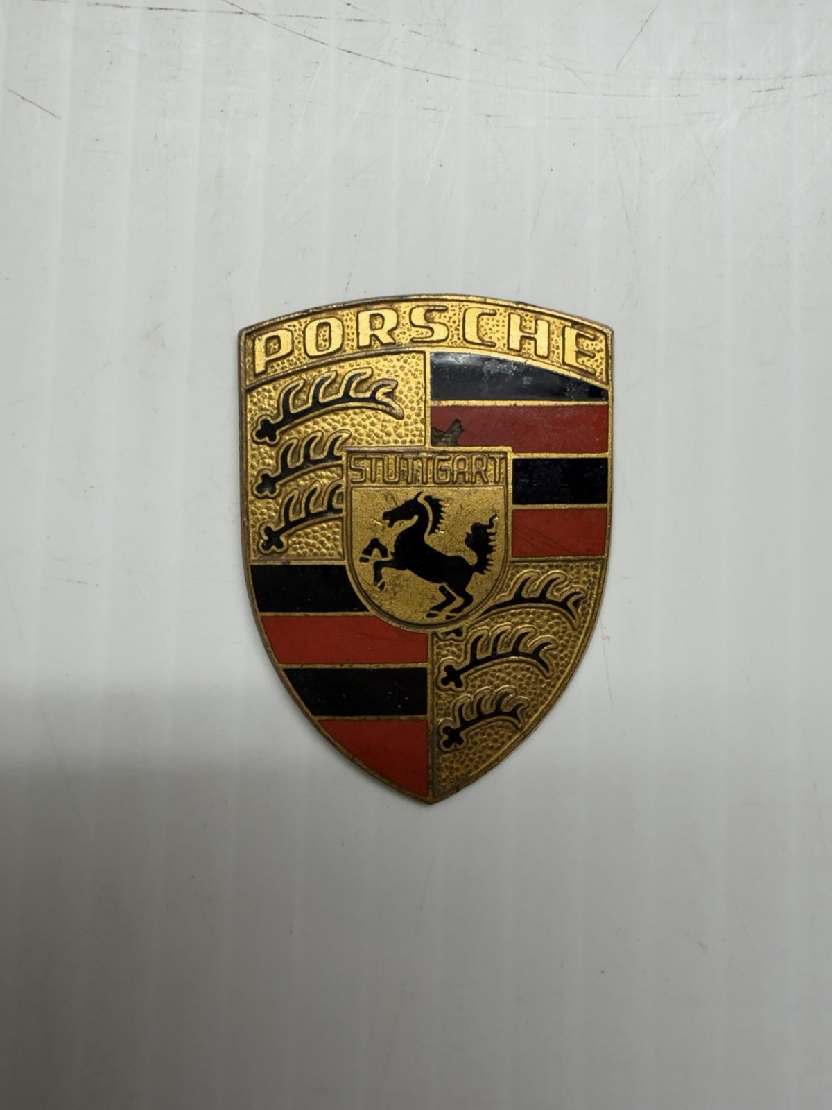 Vintage PORSCHE Grill Badge Emblem Orange Bar Hood Crest Ornament 1 1/4 x 1 5/8”