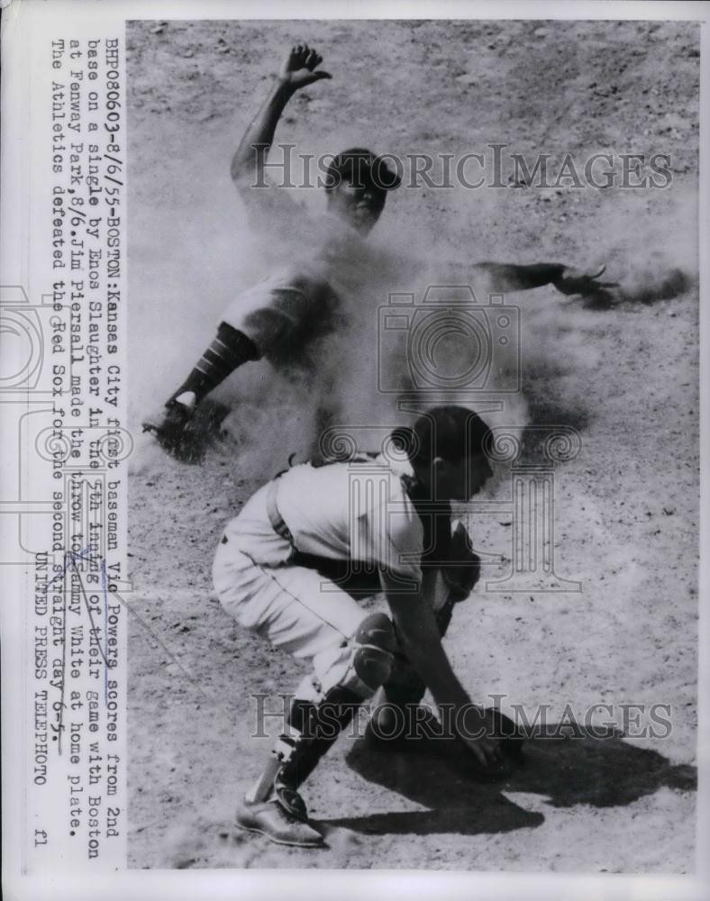 1955 Press Photo Kansas City Vic Powers Slides Home Past Sammy White Of Boston