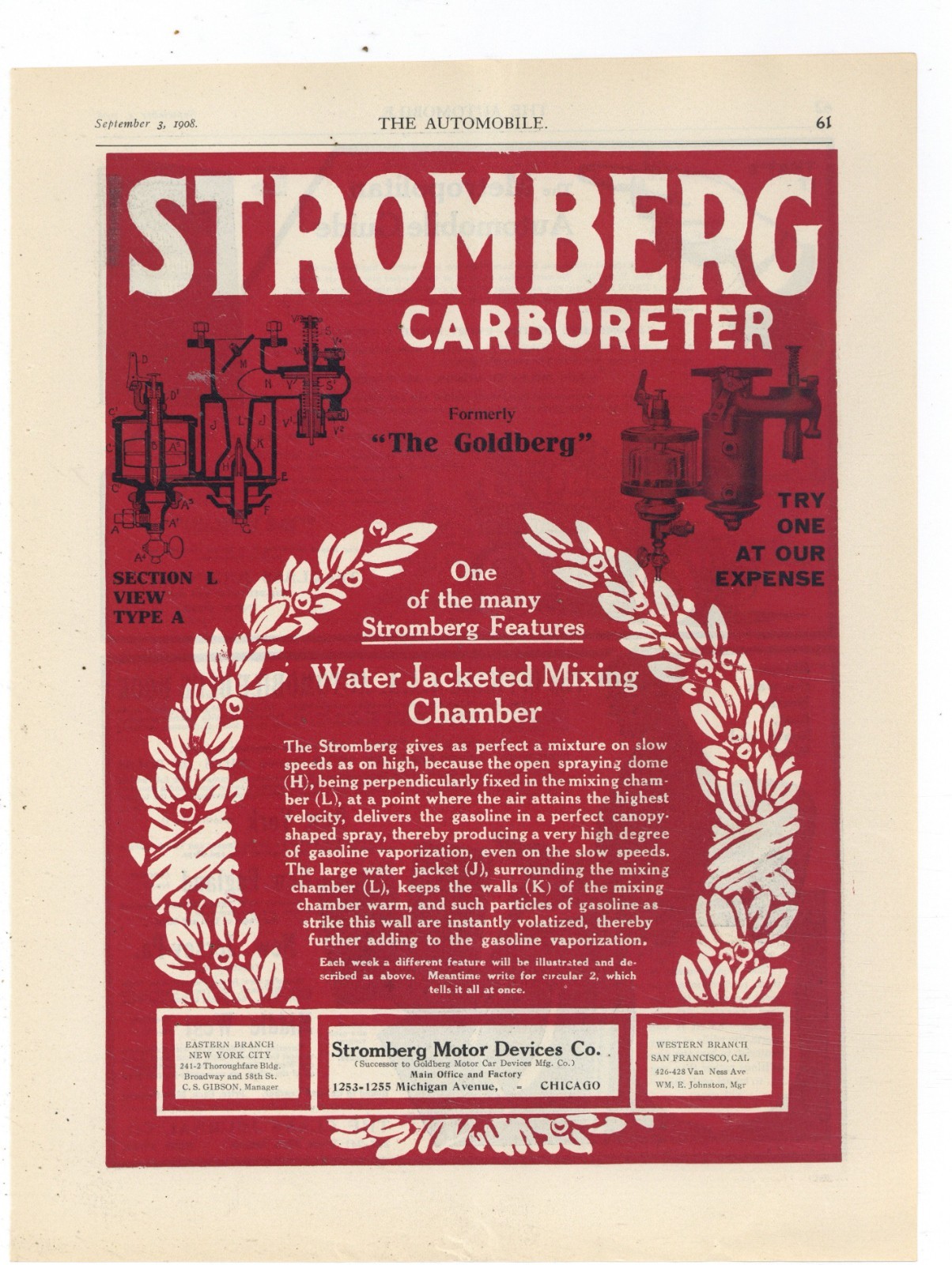 1908 Stromberg Motor Devices Chicago Ad: \