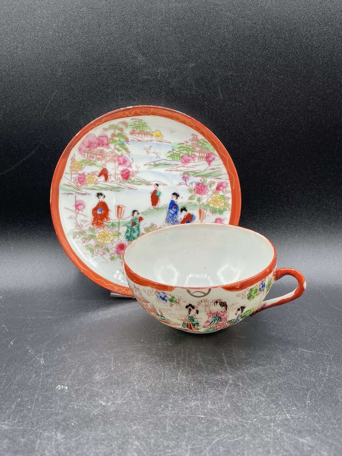 Vtg Tea Cup and Saucer Porcelain  Japanese Hand Painted Geisha Girls
