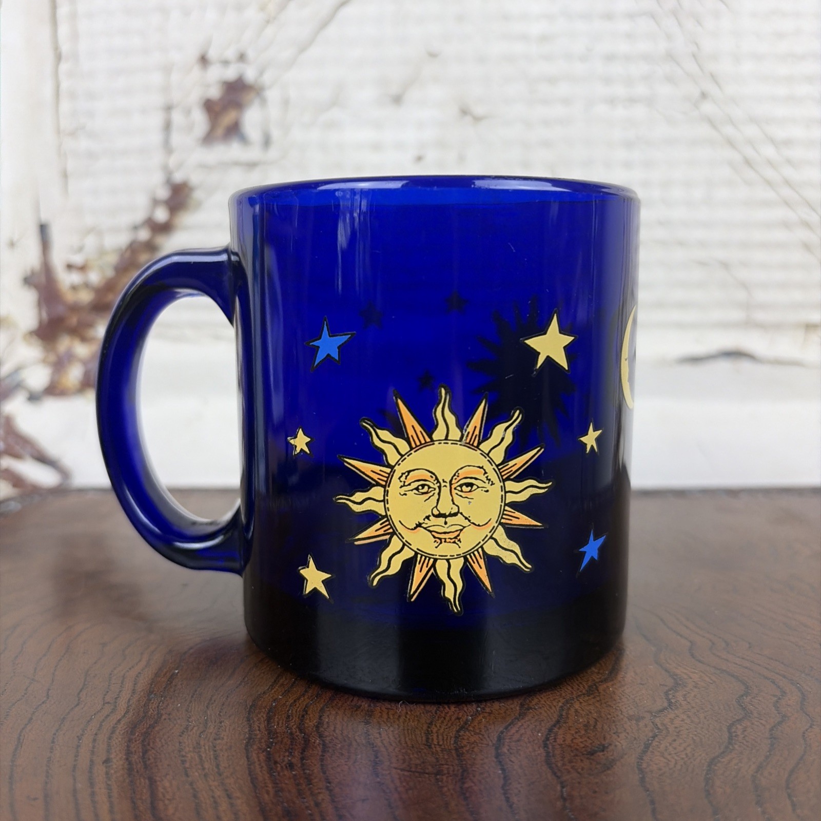 Libbey Vintage Cobalt Blue Glass Celestial Mug Friends Sun Moon Stars 90\'s