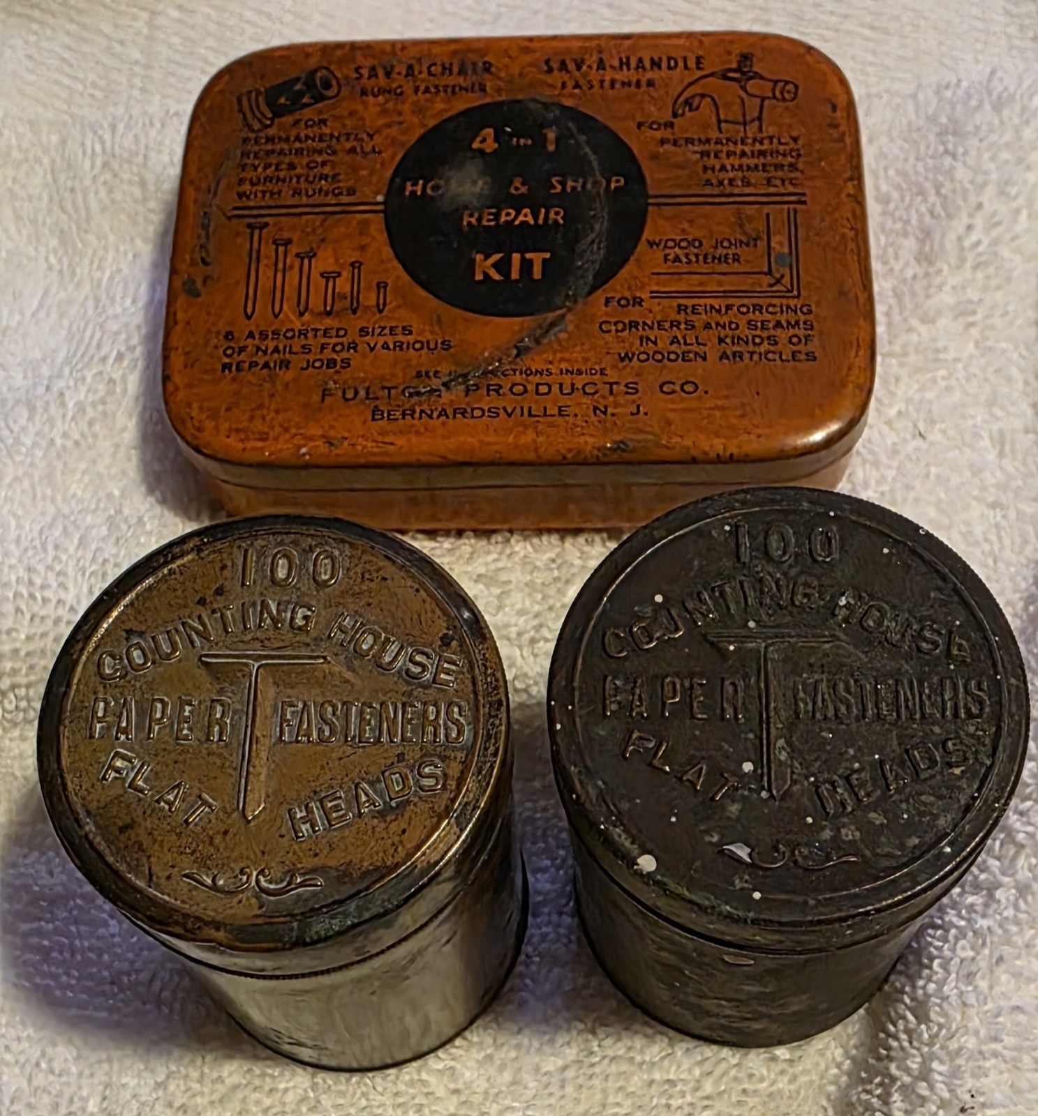 Vintage Antique Tin Lot - (2) Counting House Paper Fasteners & Fulton Repair Kit