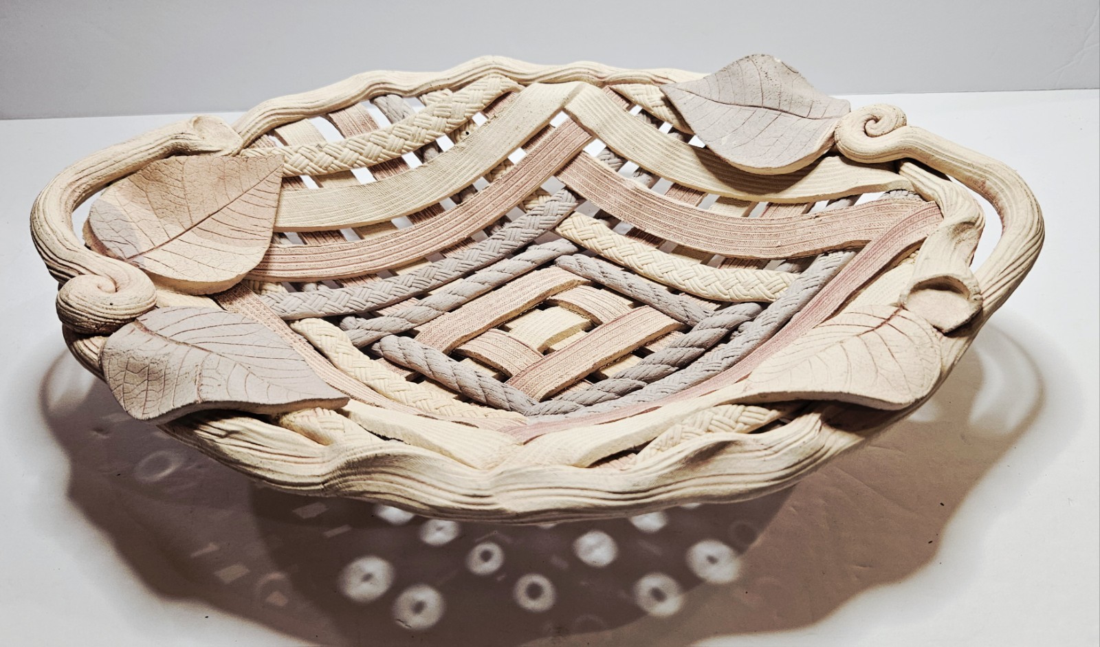 Handmade Woven Clay Pottery Basket Bowl Leaf Design Scalloped 13\ Handmade Woven Clay Pottery Basket Bowl Leaf Design Scalloped 13\