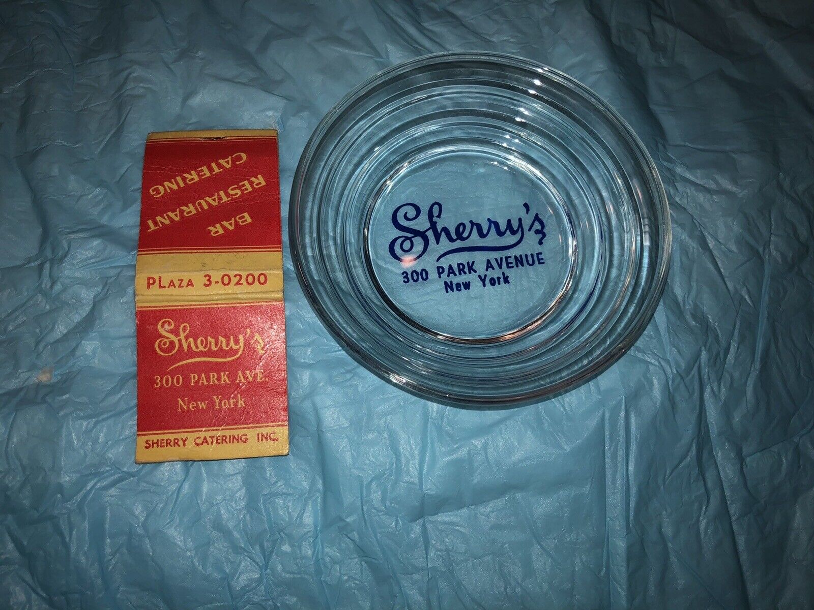 VINTAGE SHERRY’S NYC RESTAURANT ART DECO GLASS ASHTRAY & MATCHBOOK CIRCA 1930.