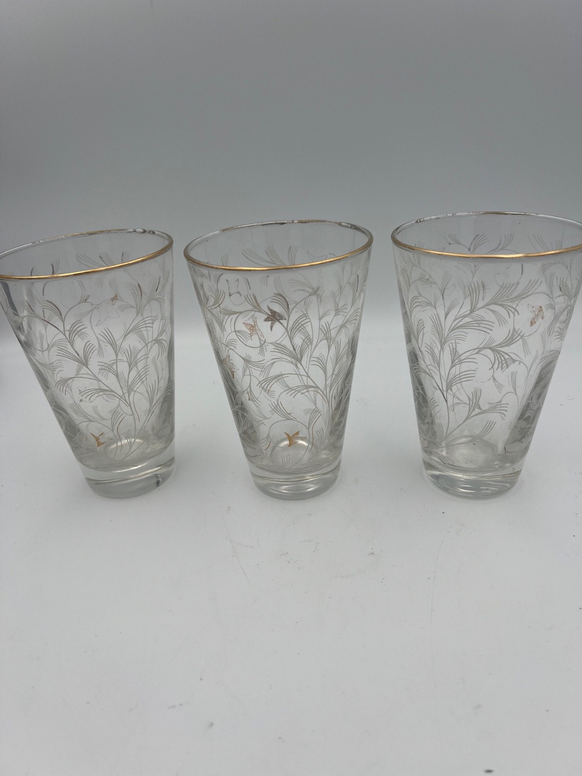 VTG Set(3) Libbey Metallic Gold Leaf Graduated Drinking Glasses Royal Fern Retro