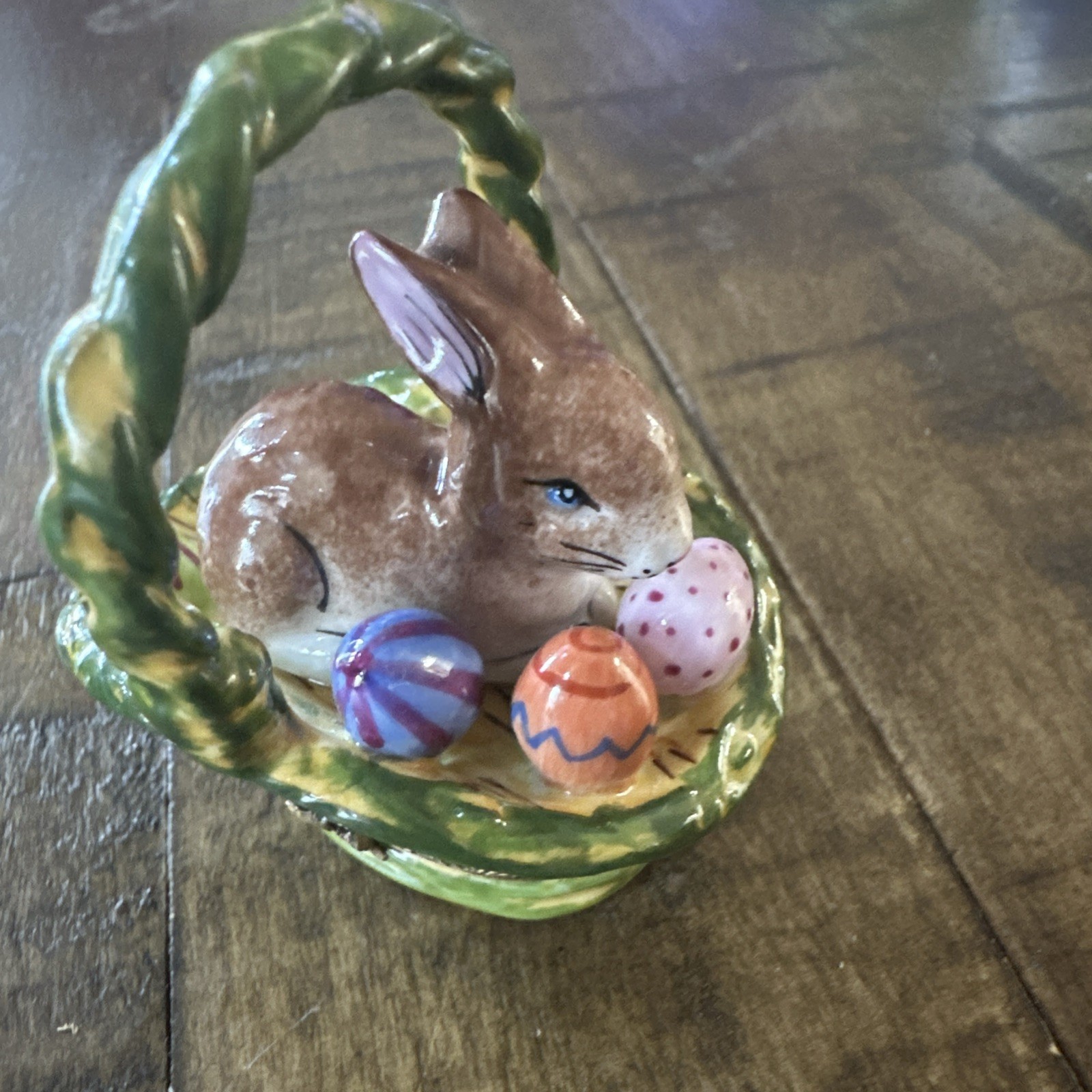 Limoges French Art Pottery Easter Bunny Rabbit in Egg Basket Trinket Box