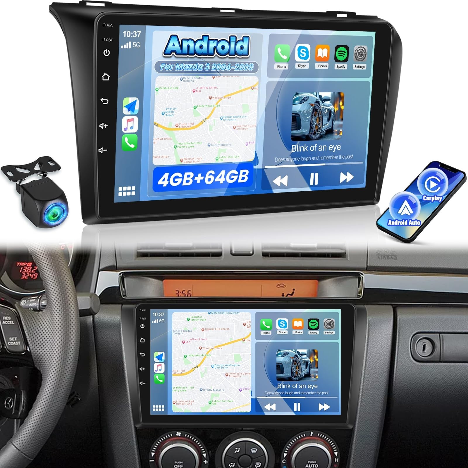 4G+64G Volxcereo Car Radio for Mazda 3 2004 2005 2006 2007 2008 2009, 9 inch ...