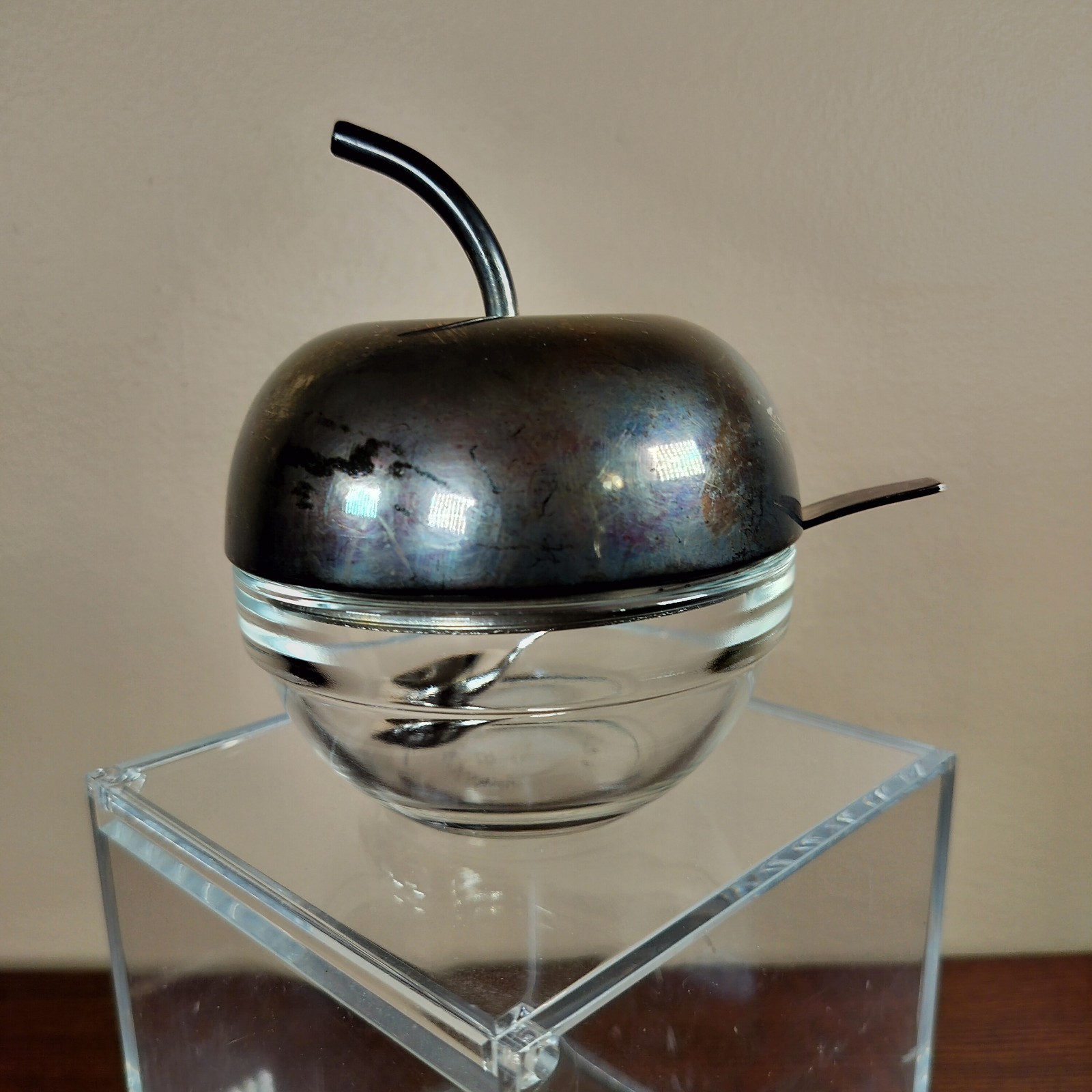 Vintage Apple Sugar Jelly Jam Jar Glass Silver Plate Lid with Spoon 5 in x 4 in