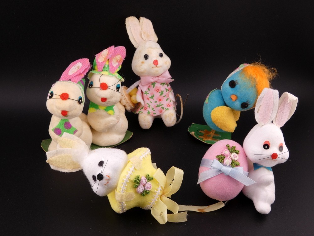 Vintage Easter Felt Flocked Bunny, Chick and Egg Decorations Lot