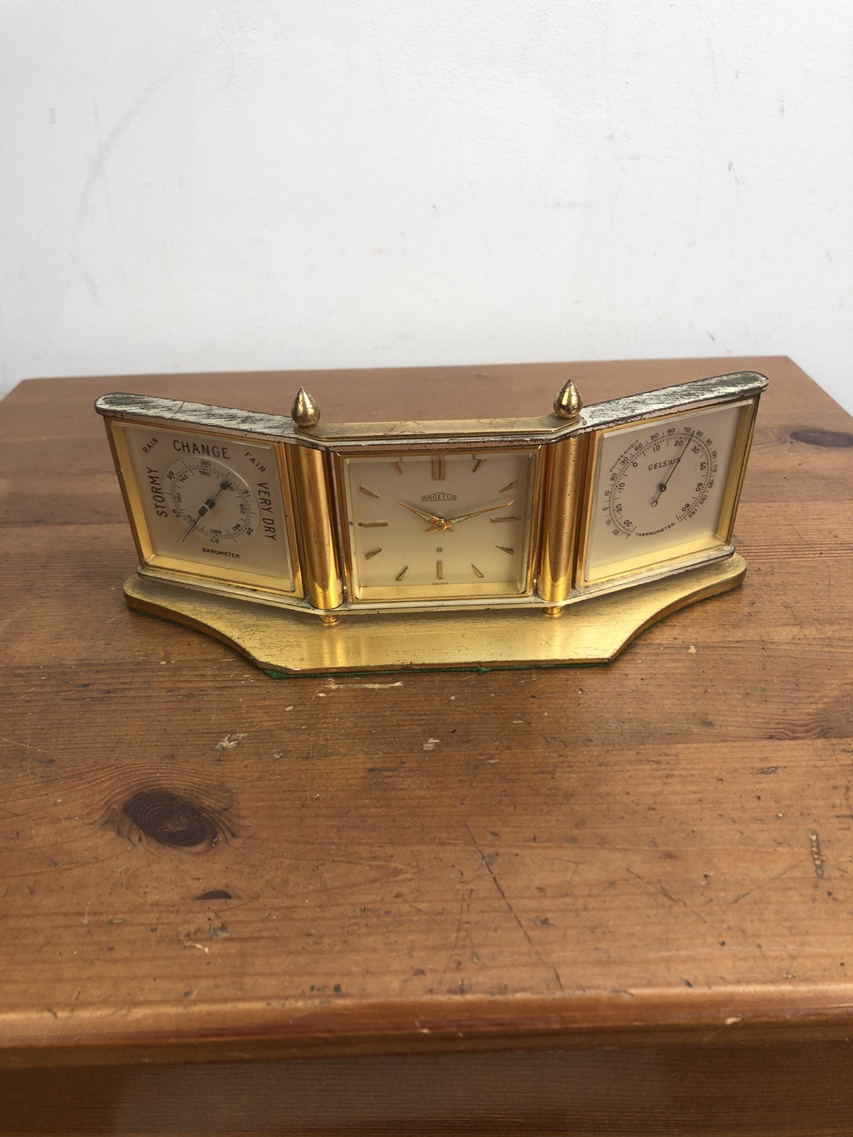 Vintage Angelus 8-day Swiss Weather Station Clock With Barometer And Thermometer