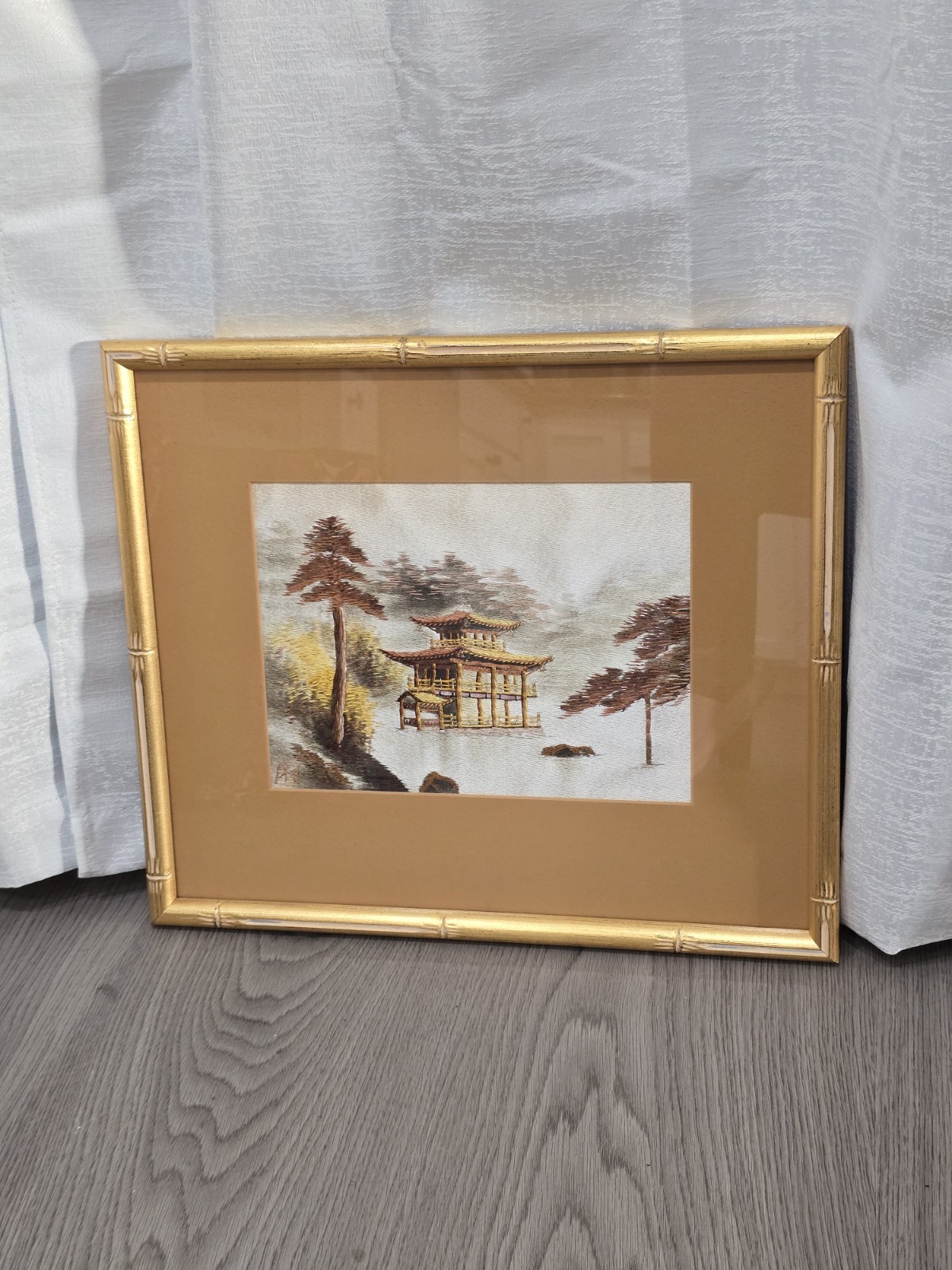 Wall Art Japanese Pagoda Embroidery 17.5 x 15 in Glass and Bamboo Wall Art Japanese Pagoda Embroidery 17.5 x 15 in Glass and Bamboo
