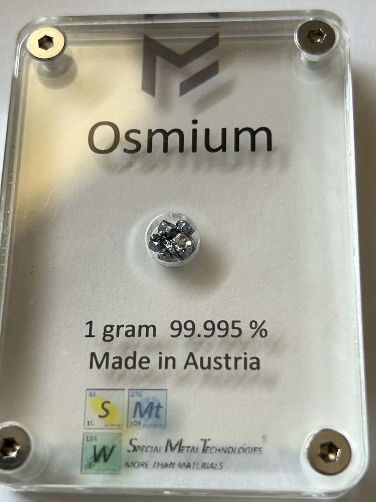 Crystalline Osmium, Extremely Rare, 1 Gm,  in a sealed acrylic case. High Purity