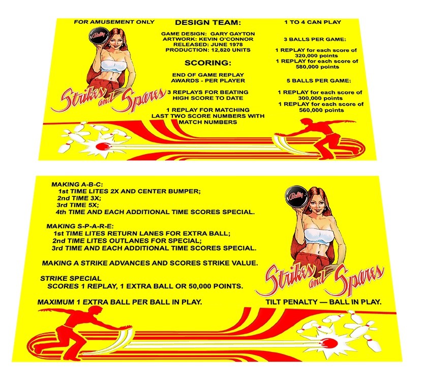 Bally Strikes and Spares Pinball Custom Apron Instruction Cards Hi Resolution