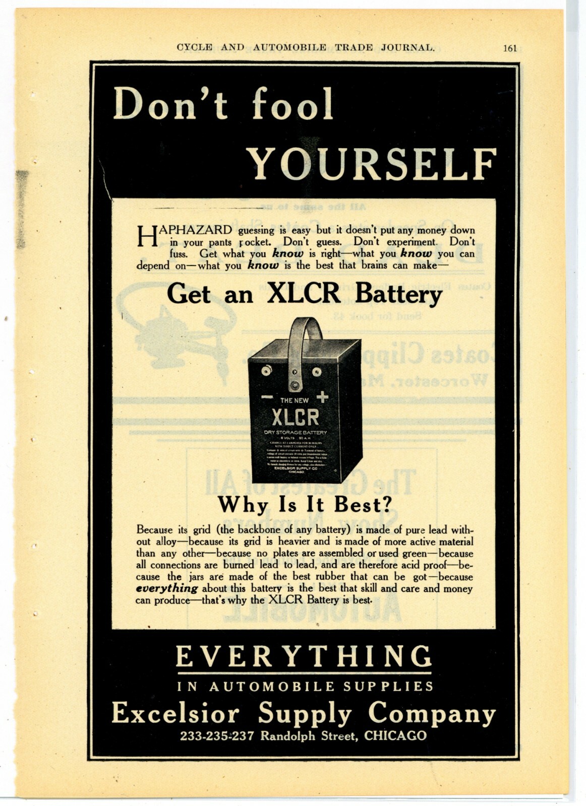1908 Excelsior Supply Co. Ad: XLCR Auto Battery - Randolph St. Chicago, Illinois