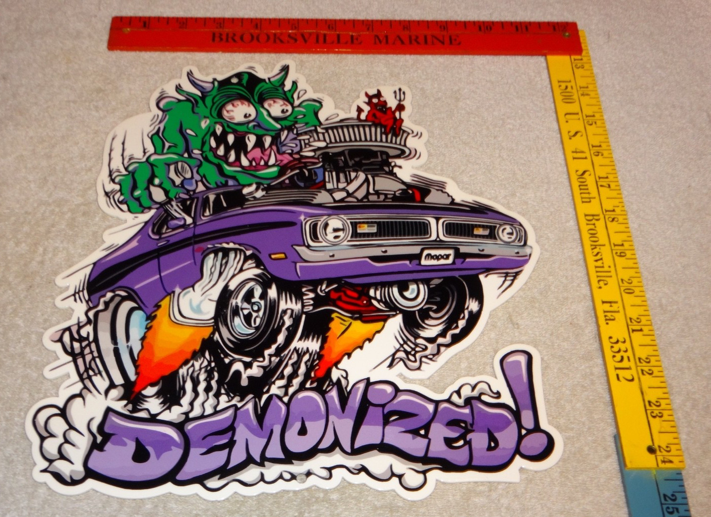 VINTAGE DODGE DEMON SPORTS CAR MONSTER MOPAR 1' ENAMEL METAL DEVIL GASOLINE SIGN VINTAGE DODGE DEMON SPORTS CAR MONSTER MOPAR 1' ENAMEL METAL DEVIL GASOLINE SIGN