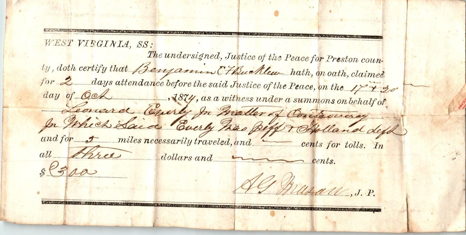 Antique 1874 West Virginia Legal Document Justice of Peace Preston County