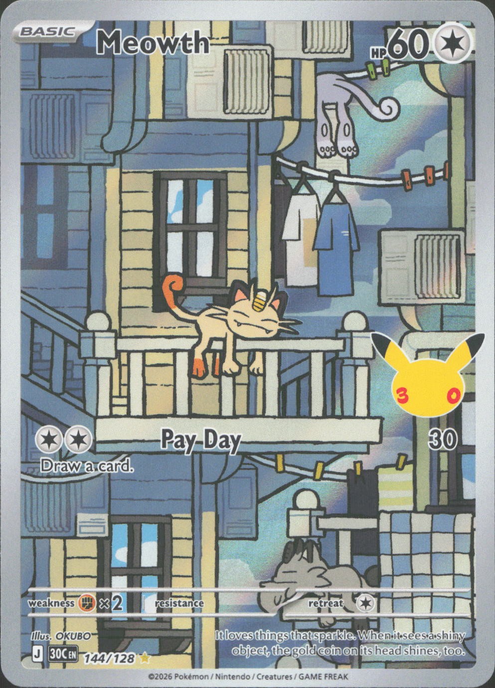 Pokemon Meowth 144/128 Holo Illustration Rare ME: 30th Celebration Near Mint