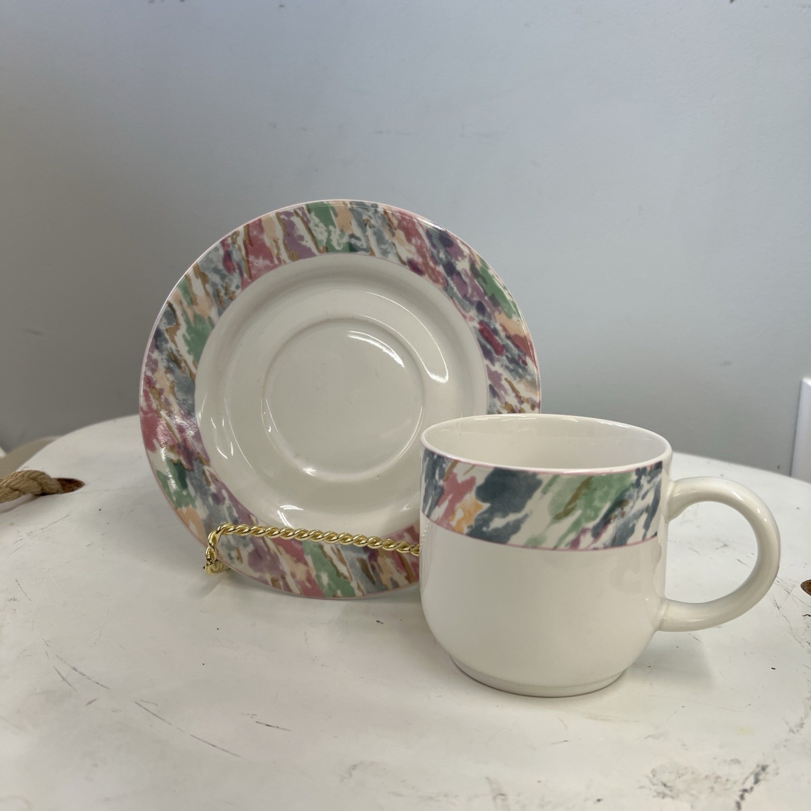 Vintage Vitromaster Impression Flat Cup & Saucer Pastel Abstract Rim 1980s 1990s