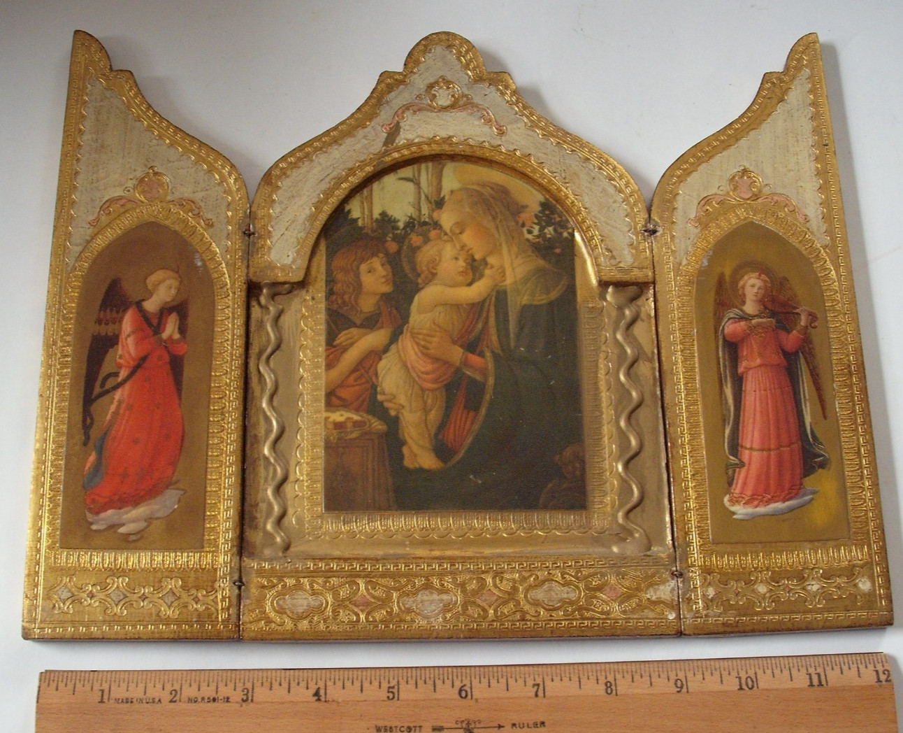 Vintage Italian Florentine Folding 3 Panel Religious Triptych, Madonna & Child