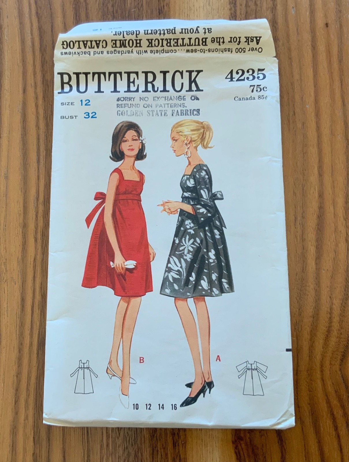 Vtg Empire Waist Tent Dress Sewing Pattern Butterick 4235 UNCUT Tie Bow 1960s