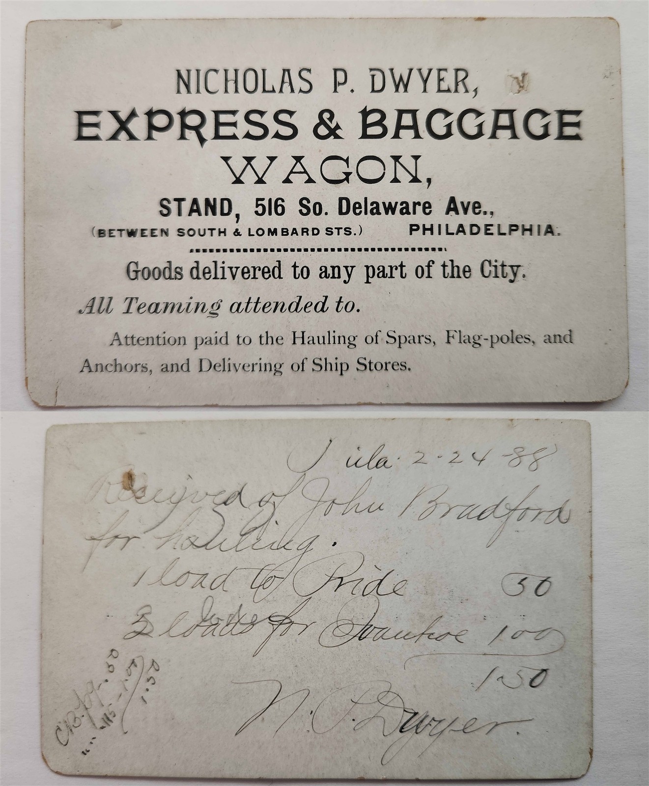 1888 antique NICHOLAS P. DWYER phila pa EXPRESS WAGON trade card SIGNED on BACK