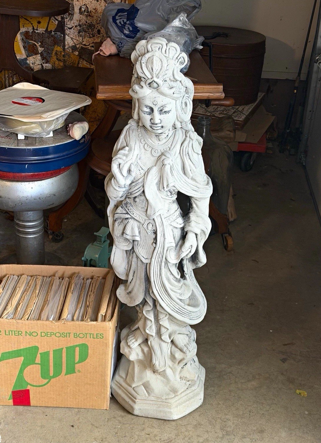 Large HEAVY Vintage Concrete Guanyin Statue, Matte Finish, Hexagon Base, 40.5in