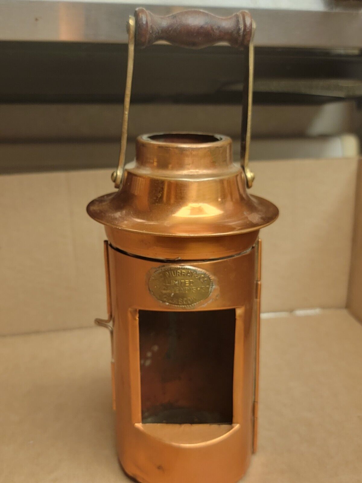 Vintage Brass Kerosene Ship\'s Lantern Wood Handle Glasgow RC Murray Co Limited