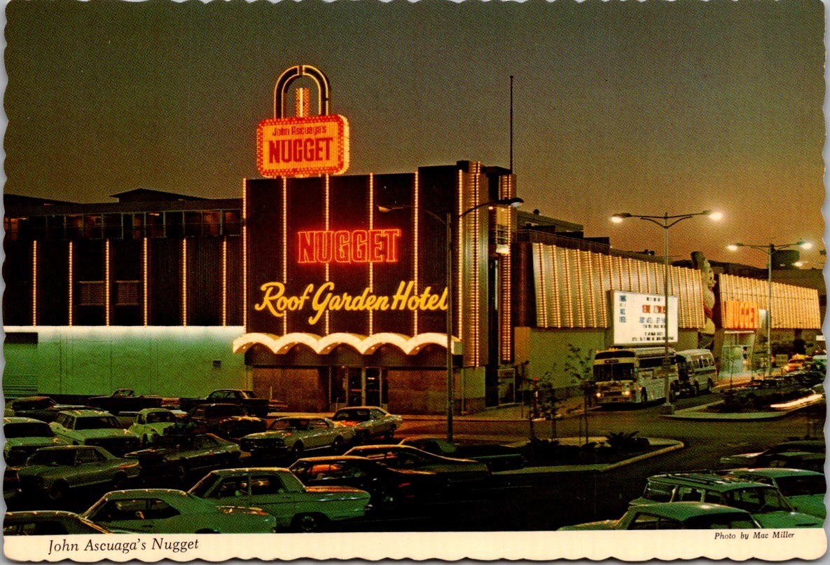 John Ascuaga’s Nugget Sparks Nevada Casino Neon Night Vintage Postcard