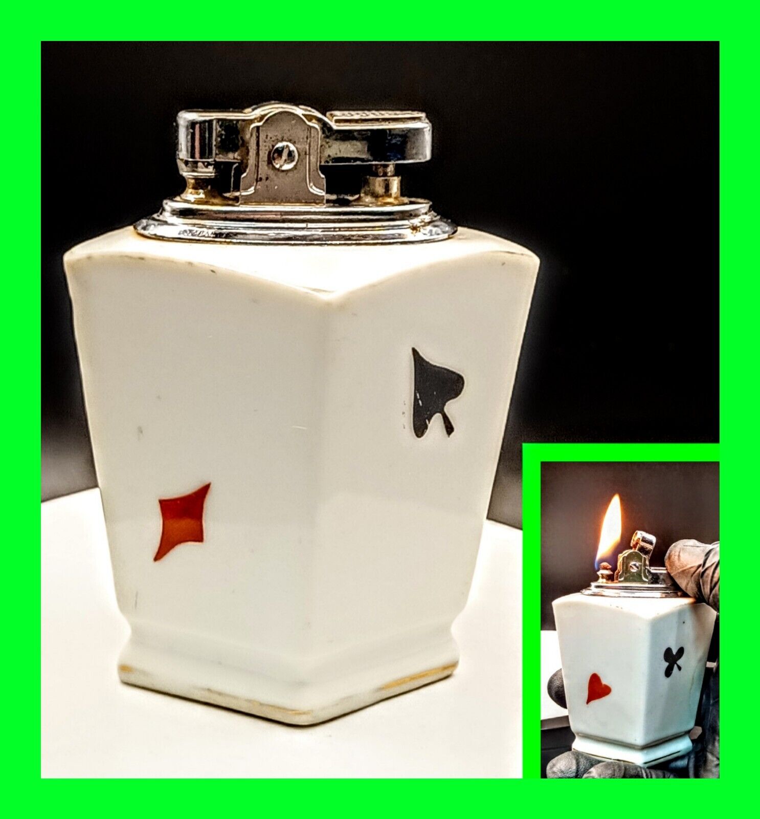 Unique Vintage Diamond Shaped Gambling Poker Motif Table Petrol Lighter Working 