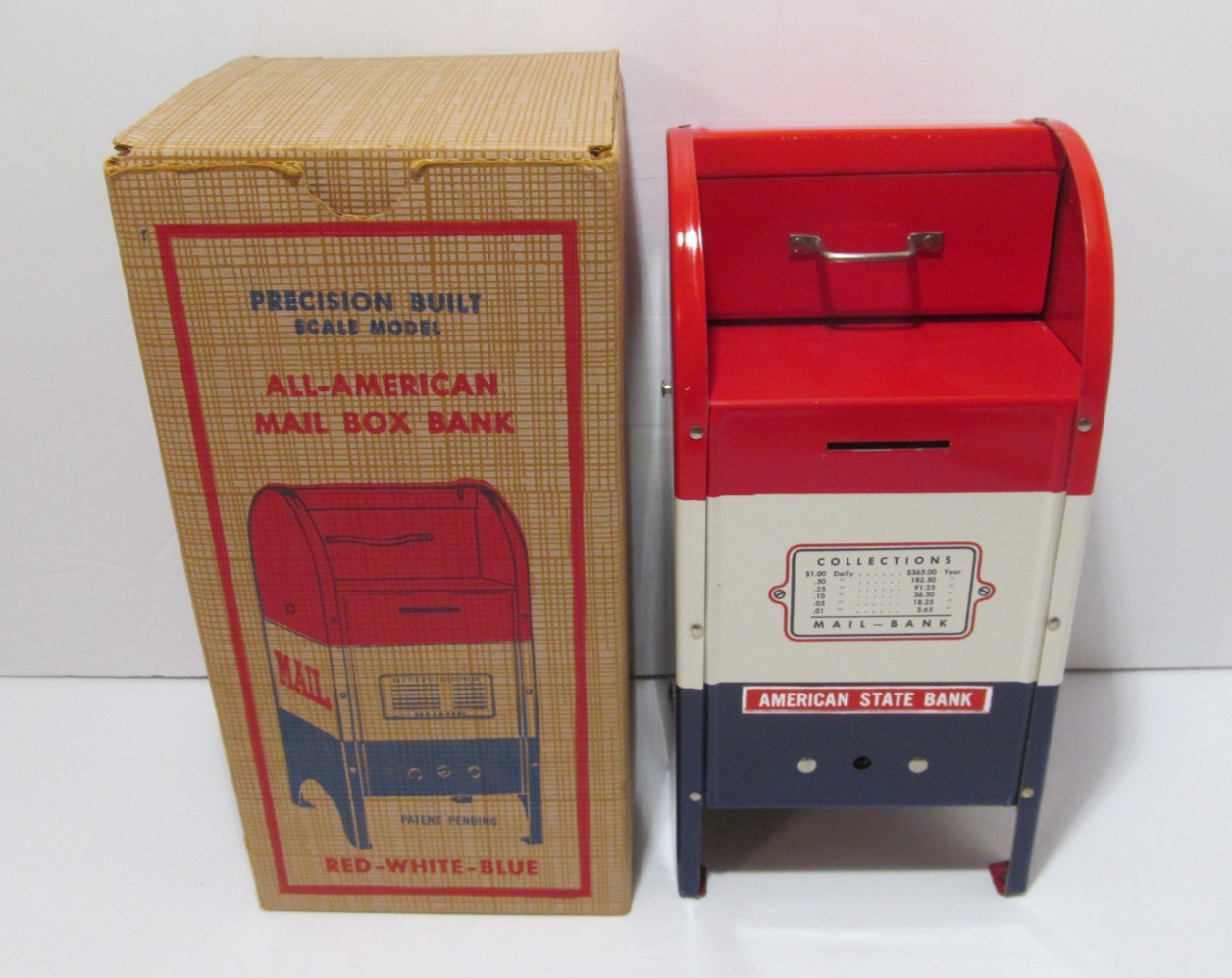 All American 1950\'s Red White Blue Metal Mail Box Bank in Original Box w/ Key