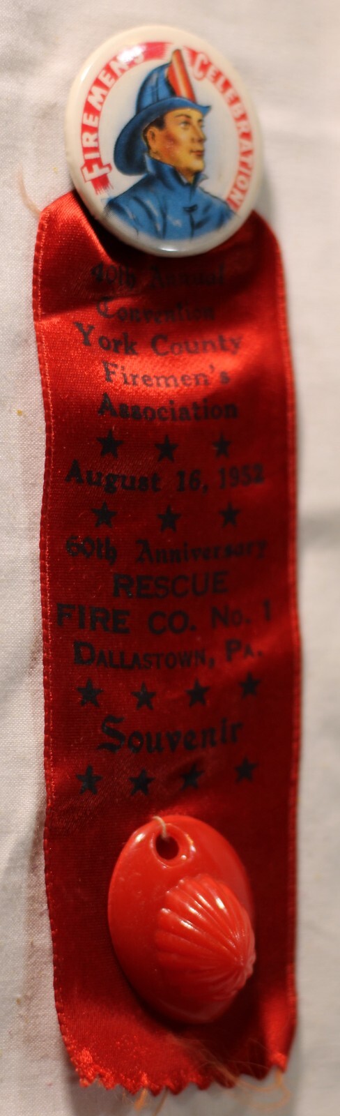 Vintage 1952 Firemen's Association ribbon - York County, Dallastown, PA.