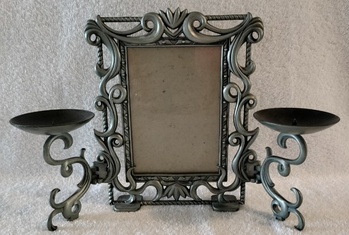 Unique Ornate Photo Frame With Attached Votive Candle Holders Free Standing