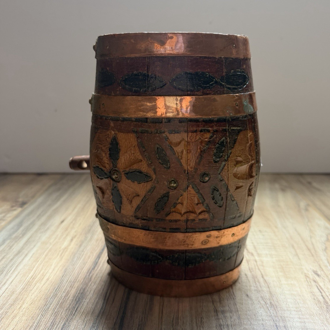 Antique Norwegian Beer Barrel with Rosemaling - Copper/Wood - No markings