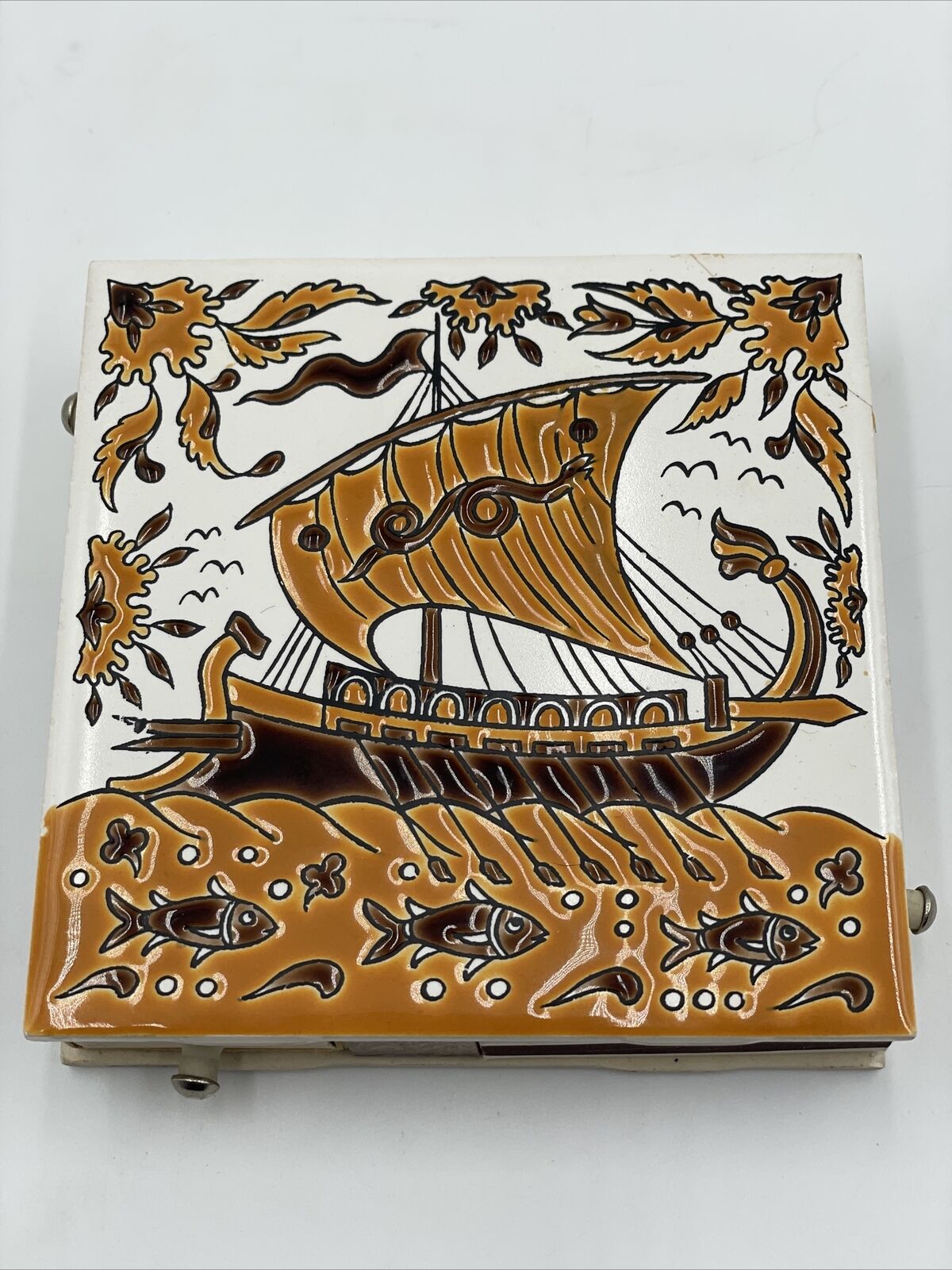 Vintage Neofitoy Keramik Decorative Tile Matchbox Hand Made Greece Viking Boat