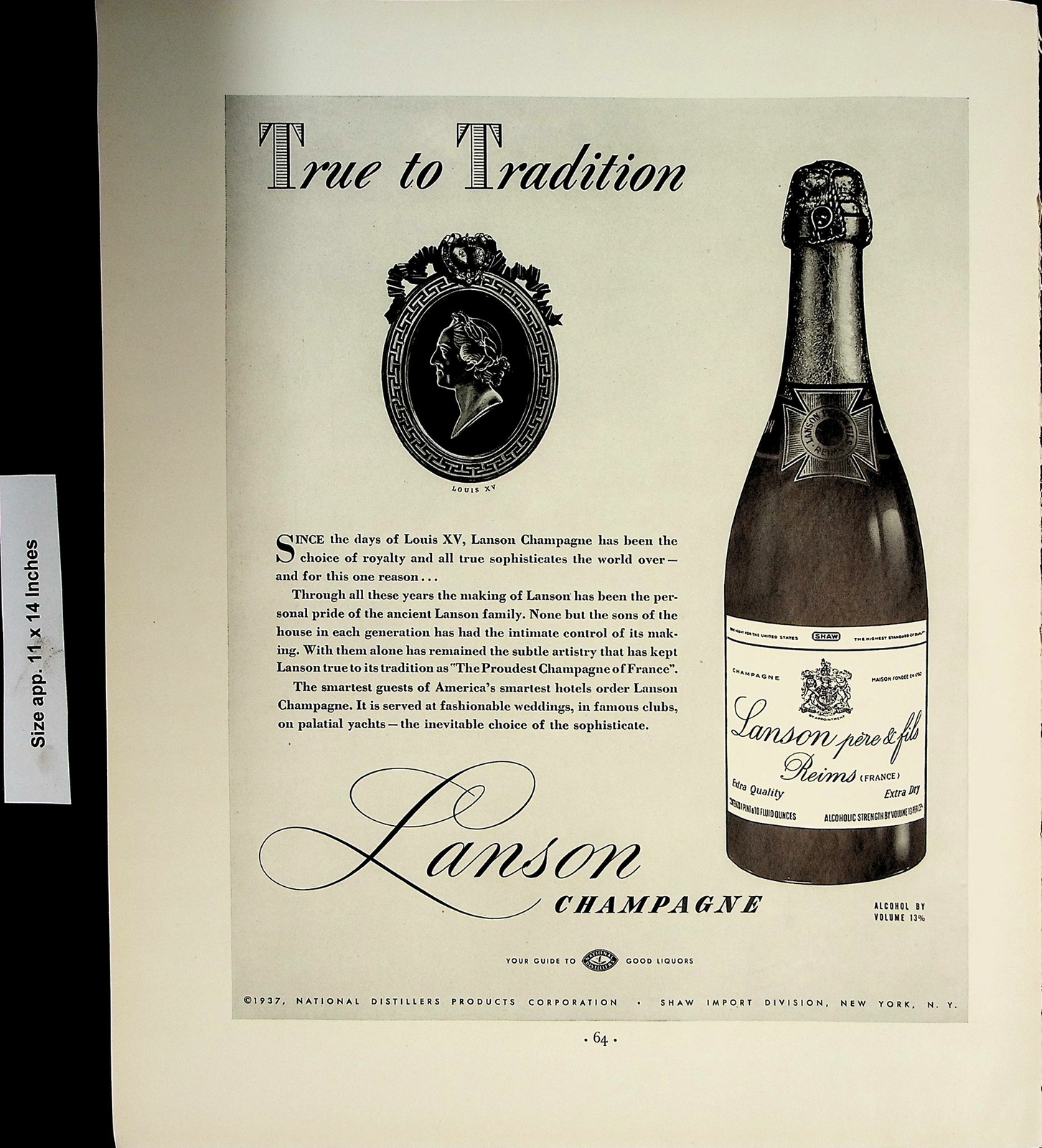 1937 True to Tradition Lansom Champagne Vintage Print Ad 5011
