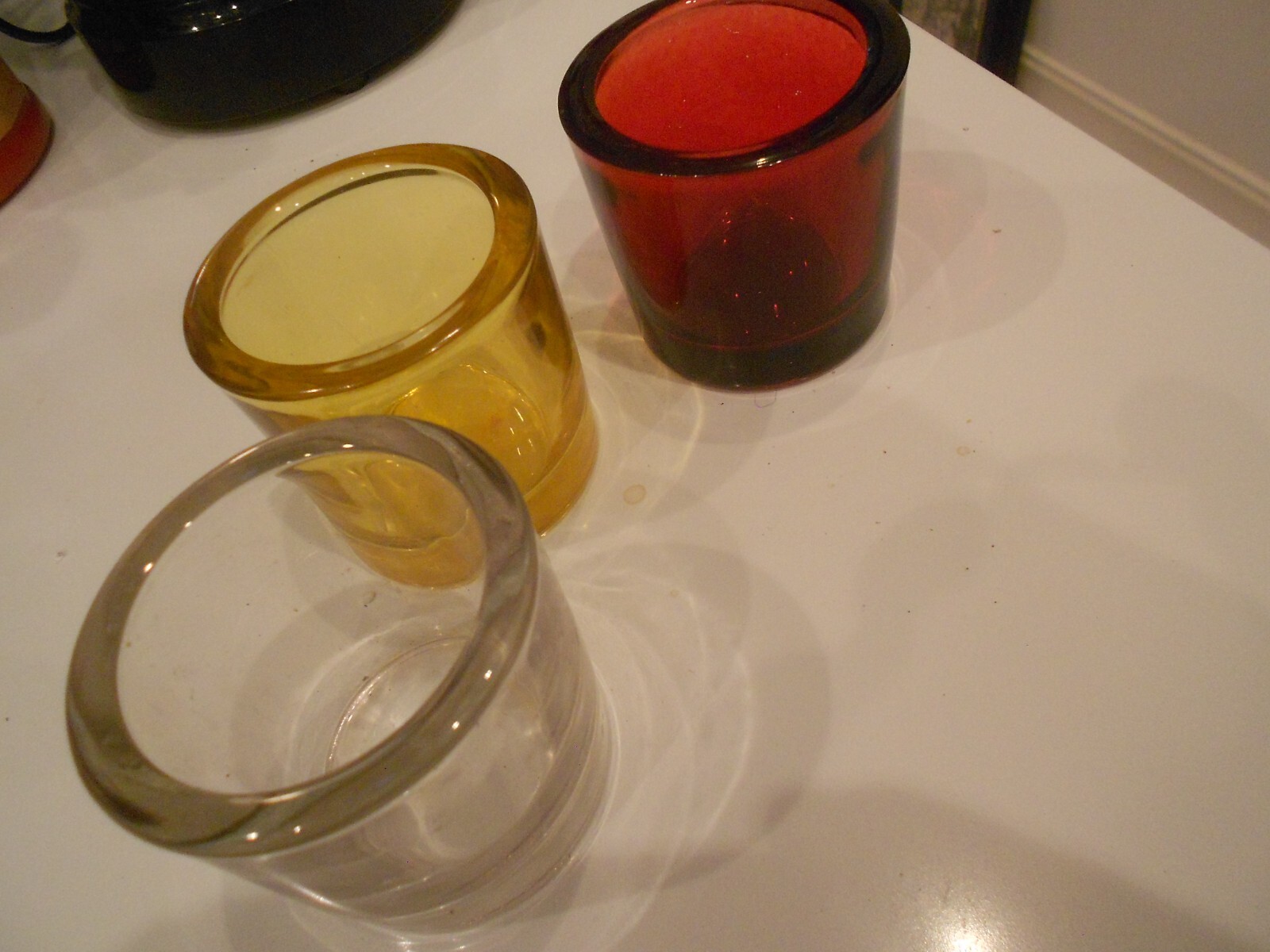 3 GLASS CANDLE HOLDERS-CLEAR-AMBER-RED-2 1/4\