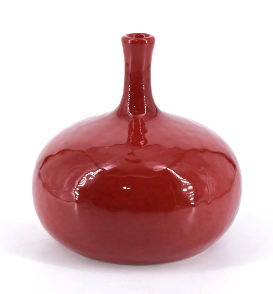 Global Views Tomato Vase Medium Pencil Neck Red Ox Blood Glaze 6\
