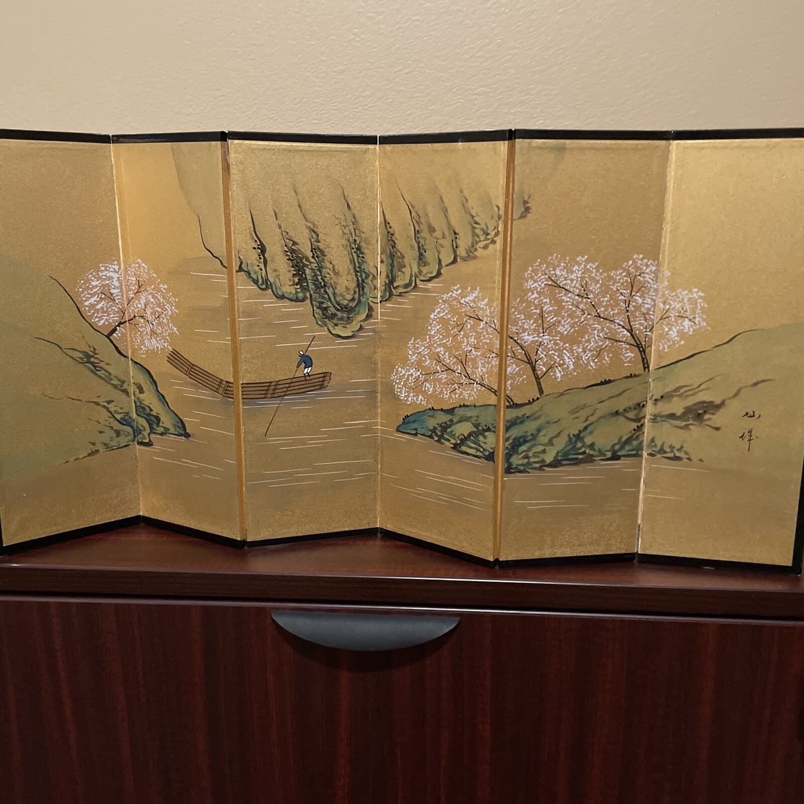 Japanese Six Panel Silk Screen Featuring Japanese Artwork, 29 1/2 x 14