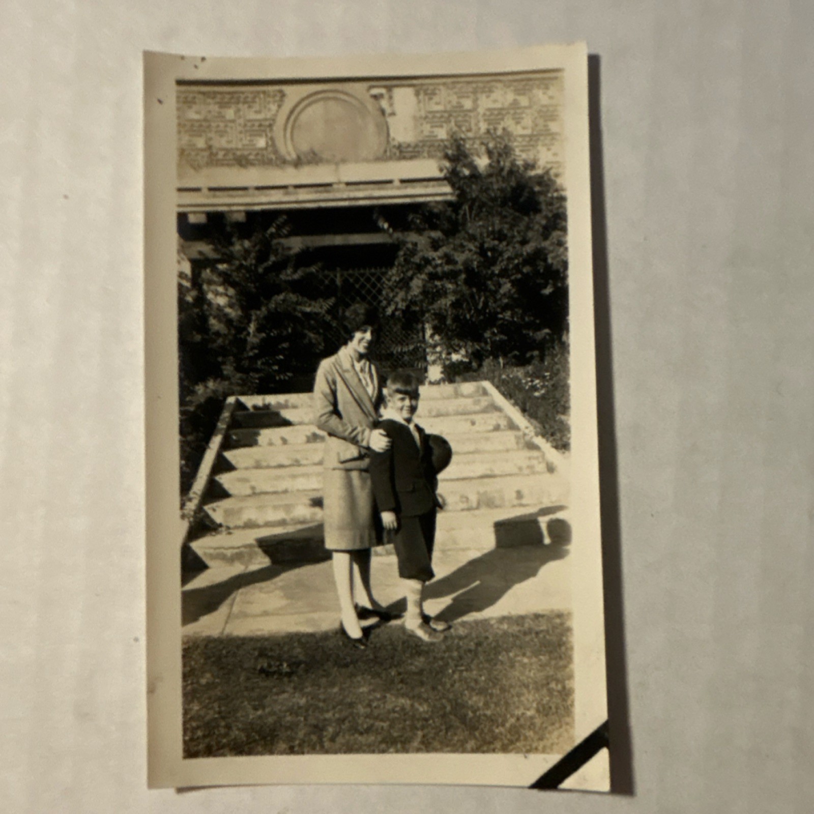 Vintage B&W  Photograph of Pretty Stylish Woman and Cute Boy on Steps